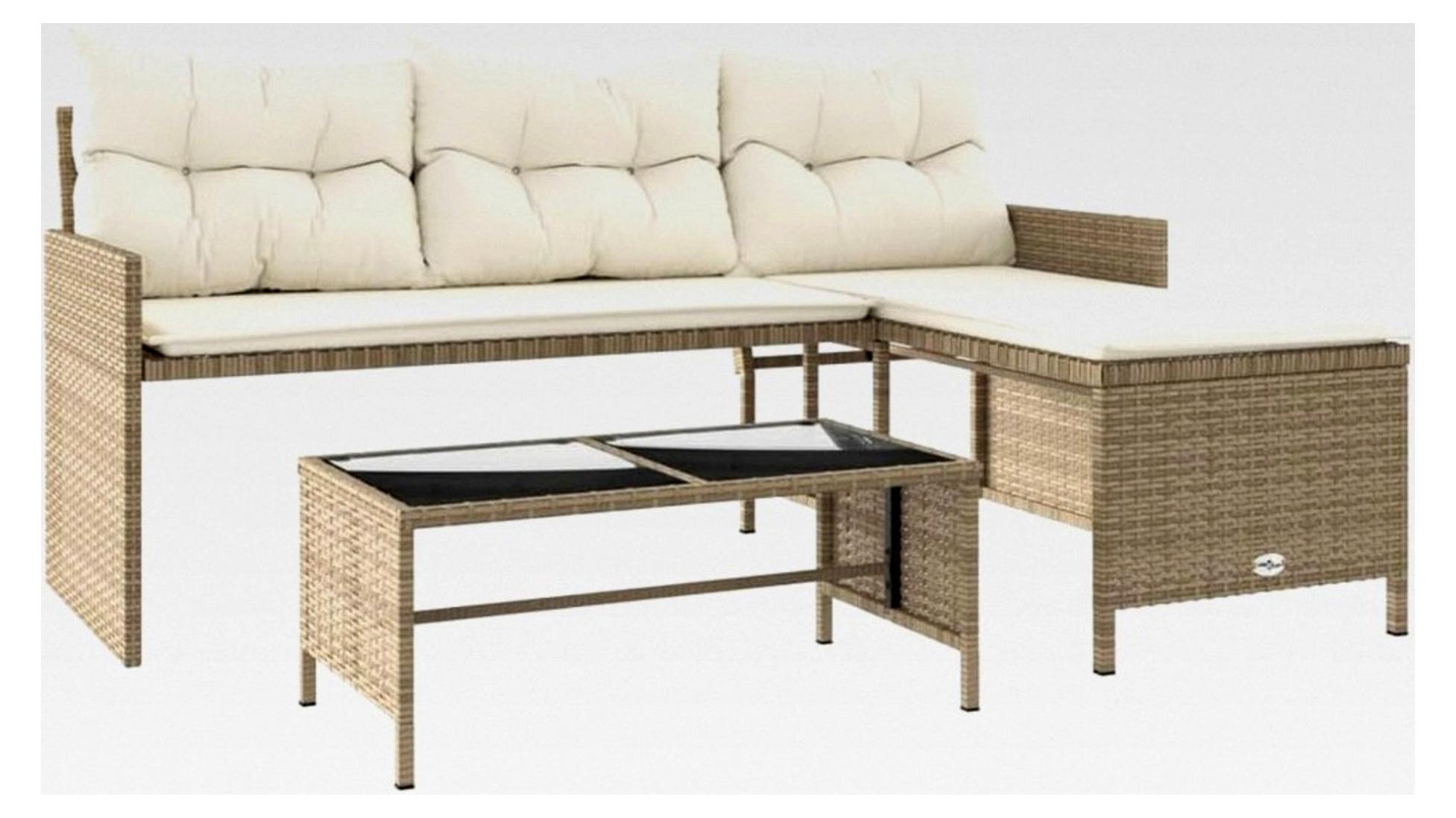 L-förmiges Gartensofa mit Tisch und Kissen, Outdoor-Sofa für Terrasse, Gartenmöbel Sitzgruppe, Beige Poly Rattan