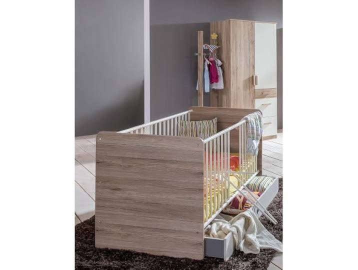Lomadox Babyzimmer Set 5-teilig mit Gitterbett in Eiche mit weiß, inkl. Bettseiten, Bettschubkasten, Kleiderschrank, Garderobenstange
