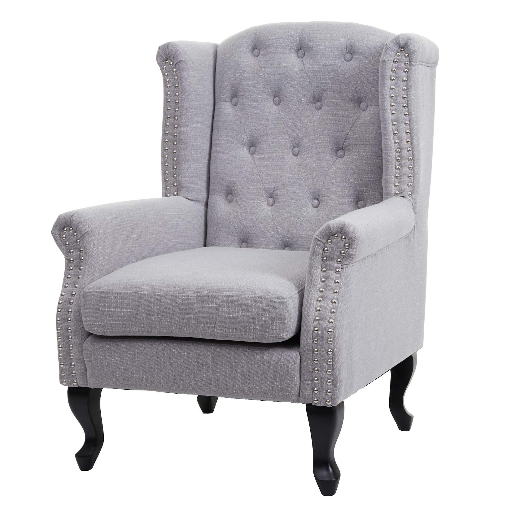 Sessel Chesterfield Oxford, Relaxsessel Clubsessel Ohrensessel, wasserabweisend Stoff/Textil ~ grau ohne Ottomane