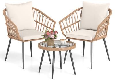 Costway 3 Piece Patio Bistro Set with PE Rattan Wicker Chairs and Tempered Glass Coffee Table-Natural