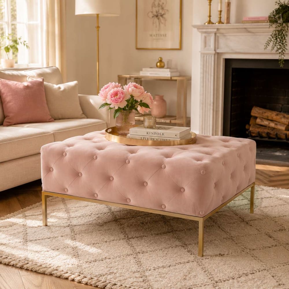 NIYLO Banquette en polyester capitonnée rose100x100x45 cm Rose 100x45x100cm