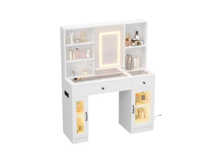 Schminktisch mit Spiegel und Beleuchtung Eleganter Schminktisch mit Schubladen & Schränken, Stauraum, robuster MDF, dimmbaren Leuchten, Steckdosen & USB-Anschlüssen (Weiß / LED Schiebespiegel)