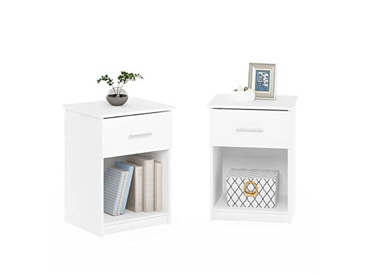 Furinno TIDUR 2er-Set Nachttische mit Stangengriff und Schublade, Weiß Beistelltisch mit Ablagefach, Nachttisch, für Schlafzimmer, Wohnzimmer