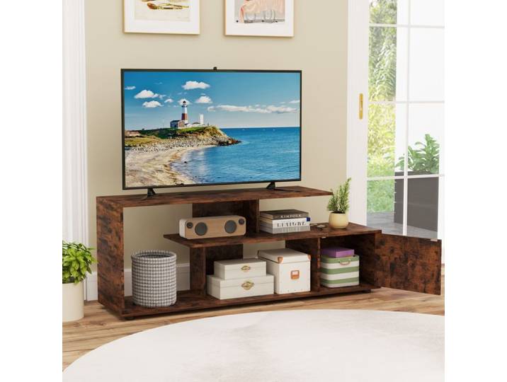COSTWAY 55  Meuble TV à 3 Niveaux 1 Porte et Étagère Ouverte Centre de Divertissement pour Salon Chambre Marron