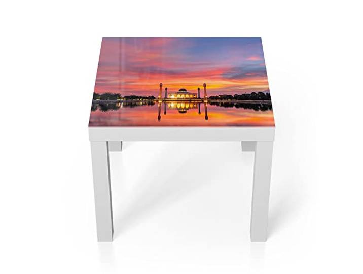 DEQORI Glastisch weiß klein 55x55 cm Motiv Moschee im Abendpanorama ausgefallener Beistelltisch aus Glas Hochglanz Couchtisch fürs Wohnzimmer moderner Couch Tisch mit Design