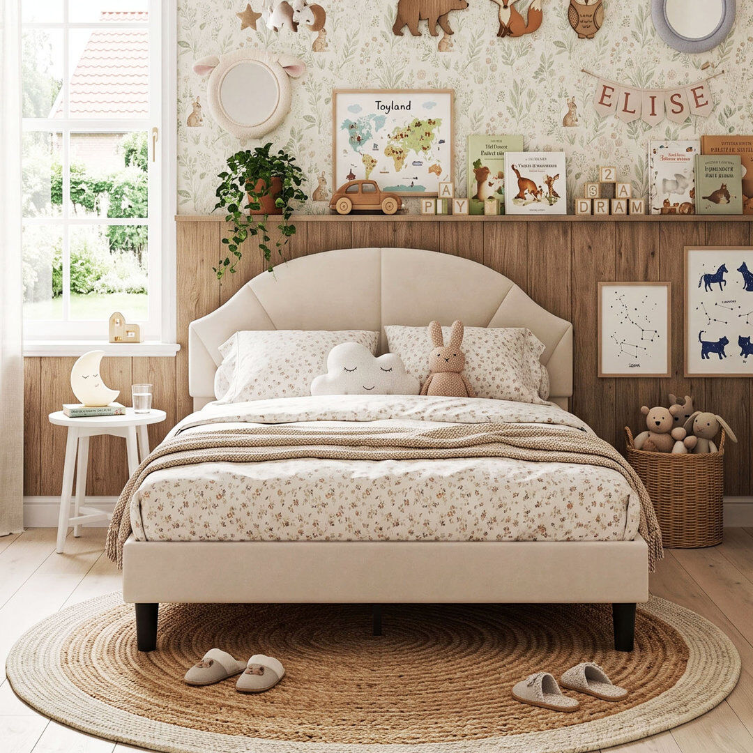 Canora Grey UK & EU Kids Velvet Bed Frame, Scalloped Shell Upholstery Bed with Height-Adjustable Headboard, Beige/Pink Beige Double (4'6)