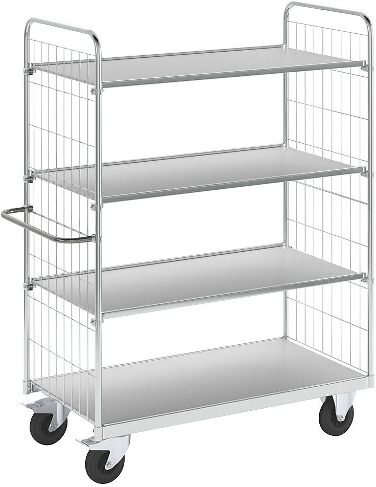 Flexibler Etagenwagen, mit 4 Böden, Länge 1390 mm, Lenkrollen mit Stopp Kongamek
