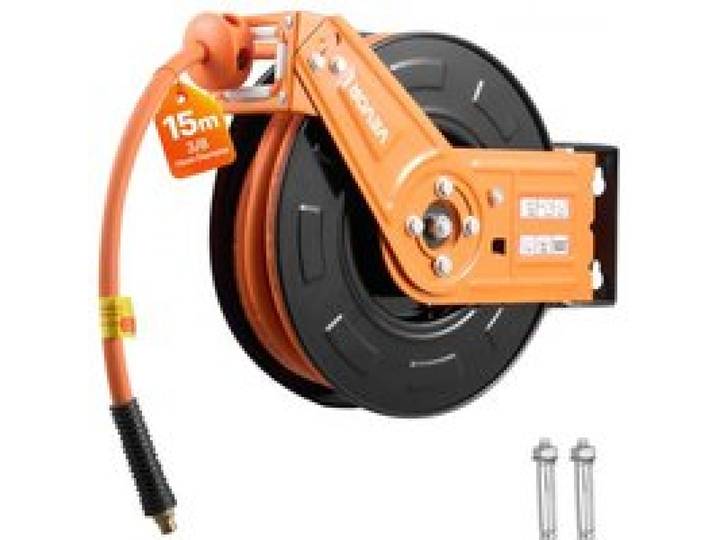 VEVOR Enrouleur Tuyau Air Comprimé 15 m x 9,5 mm Dévidoir Tuyaux Compresseur Air Pression Max 20,7 bar Enrouleur Automatique Tuyaux Caoutchouc, Fixation Plafond Mur, Tuyau d'Arrivée 1 m, Bras Simple