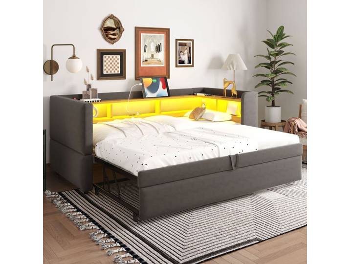 Canapé-lit - KOMHTOM - KOMHTOM - Convertible 180x190 cm - Tissu gris foncé - LED et prises