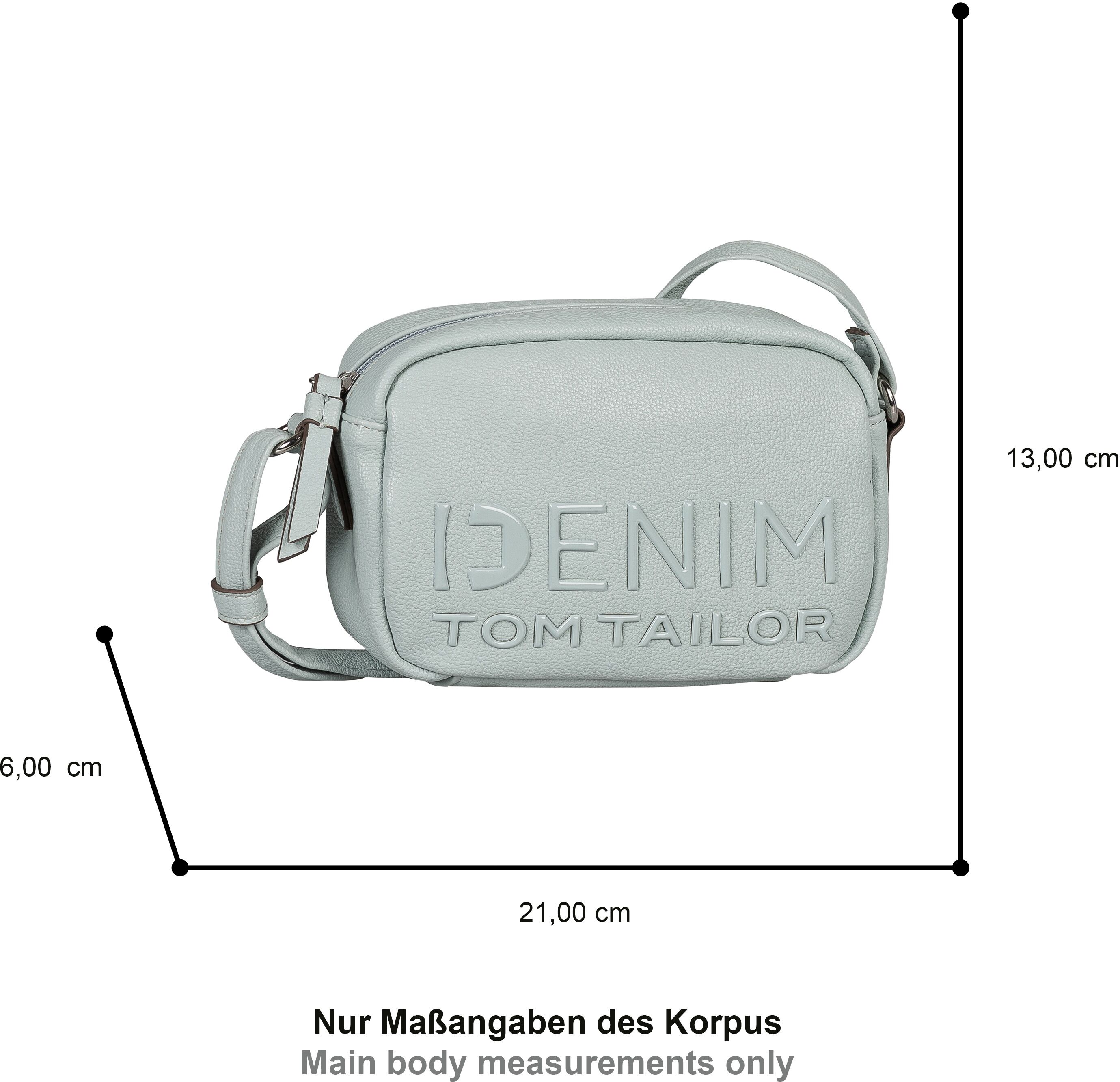 Handtasche TOM TAILOR DENIM "Aveline", Damen, Gr. B/H/T: 21cm x 13cm x 6cm, grau (hellblau), Lederimitat, clean, gepflegt, unifarben, Taschen Handtasche, Damen Umhängetasche, Schultertasche mit glänzendem 3D-Logo hellblau B/H/T: 21cm x 13cm x 6cm