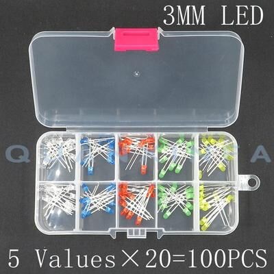 Inspired Living 100PCS LED Assortment Kit 3mm & 5mm Super Bright Round LEDs In 5 Colors For DIY Electronics 3mm Box 100pcs
