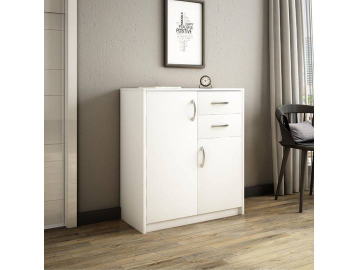 Kommode mit 2 Schubladen und 2 Türen in matter Ausführung, Kommode 74cm breit Holz Schrank Sideboard Highboard Kommode mit Schubladen Weiß