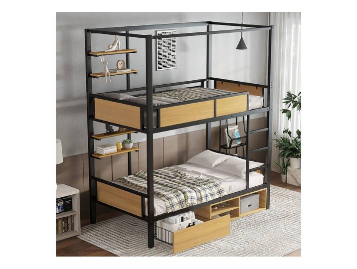 STILVORA Etagenbett 90x200 Eisenbett mit Ablageboard,Jugendbett mit Geländer&Leiter,Natur (mit Ablageboard, Eisen + MDF, Eisenbett mit Stauraum und Schutzgeländer, Praktische Schubladen & Bettvorhang, Funktionsbett 90x200cm), ohne Matratze