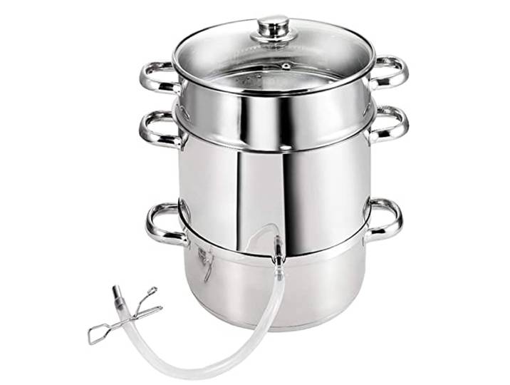 28Cm 11-Quart Fruchtentsafter Dampfer 304 Edelstahl Gemüse Entsafter Dampfer Topf Mit Schlauch Und Gehärteter Glasdeckel Zum Herstellen Von Saft, Gelee, Pasta (Silber)