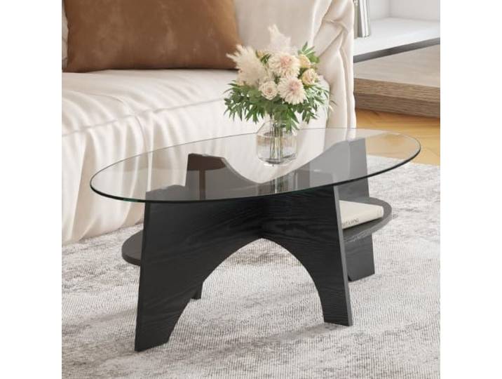 LOBO OFFICE Ovaler Couchtisch aus Sicherheitsglas mit Holzgestell Markantes gegabeltes gebogenes Holzgestell in heller Holzoptik, weiche Linien mildern strenge Raumwirkung