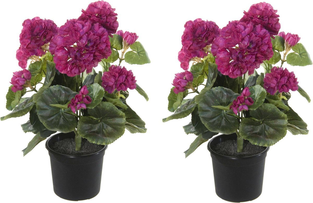Louis Maes Geranium Kunstbloemen in pot - 2 stuks - Fuchsia - Hoogte: 35 cm