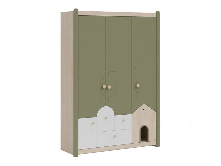 Möbel-Zeit Kleiderschrank JOY 3-türig – Kinderzimmerschrank – Weiß/Grün/Natur