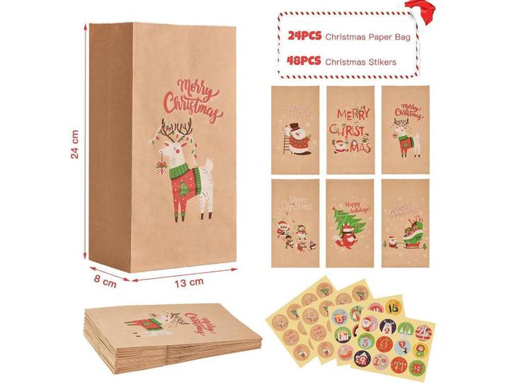 Geschenktüten Weihnachten 24 Stück Set Kraftpapier Braun, Papier, 8x24x13 cm, Dekoration, Geschenkartikel