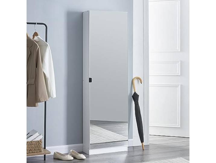 [en.casa] Schuhschrank Meura Schuhregal mit 5 Schuhtaschen im Schrankinnern Schuhablage für 10 Paare Schmaler Schrank mit Spiegelfront Hoch 160x48x20cm Weiß