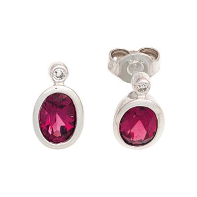 Paar Ohrstecker JOBO "Ohrringe Weißgoldohrringe oval rot", rot (weißgold 585), Ohrringe, Damen, SI = kleine Einschlüsse, Diamanten Weißgold 585, Diamanten, Weißgold 585, 585 Weißgold mit Turmalin und 2 Diamanten