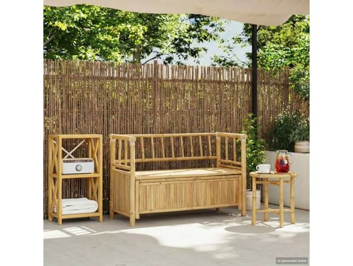 Garten-Aufbewahrungsbank 110 x 47 x 80 cm aus Bambus in Natur Sitzbank mit verstecktem Stauraum, Bambus, hellbraun, für Garten und Terrasse, Post-Bein-Design, einfache Montage
