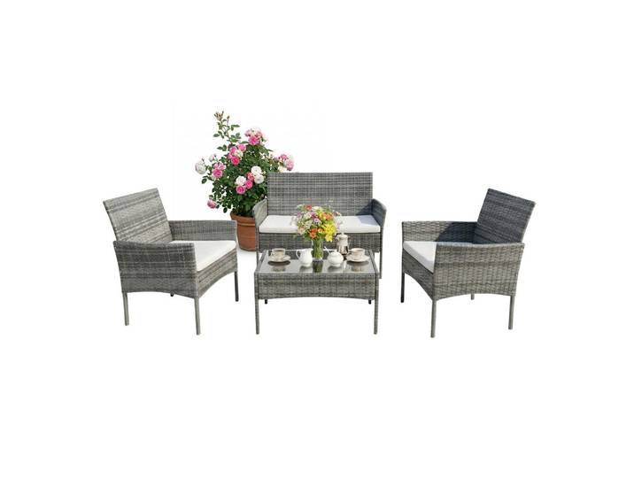 Relaxdays Gartenmöbelset Grau 4-teilig Polyrattan, Kunststoff, Metall, Glas, Gartenmöbel, Gartengarnituren, Gartenmöbel-Set