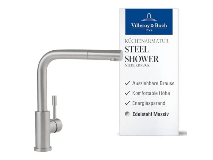 Villeroy & Boch Steel Shower Küchenarmatur, Niederdruck, 270 mm – Edelstahl Ausziehbare Handbrause, 360° schwenkbarer Auslauf, energiesparende Kaltstart-Funktion, Niederdruck, 969711LC