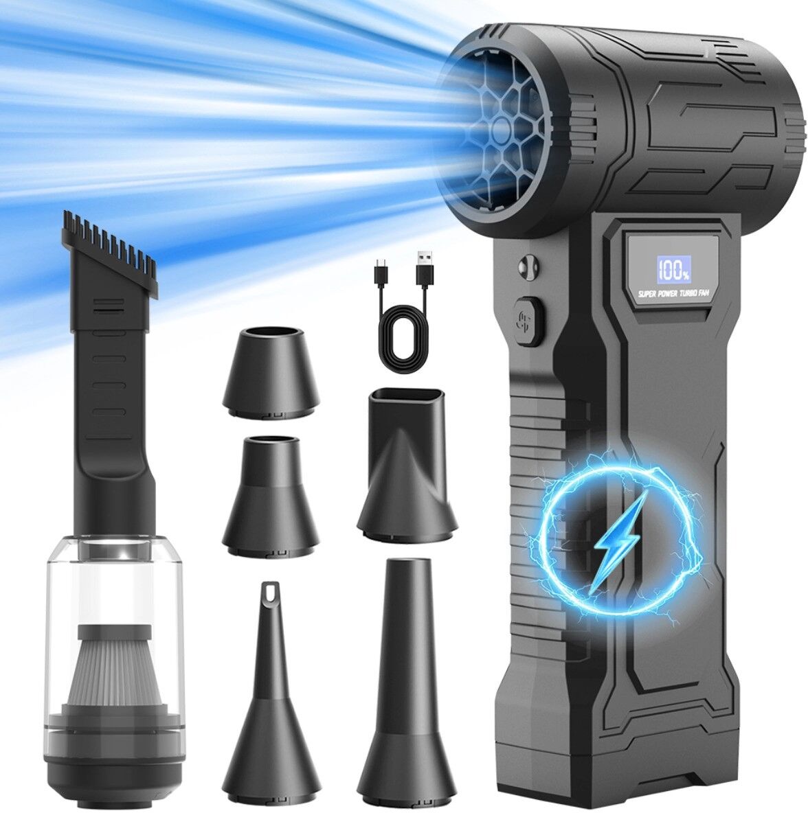 INF Handlicher tragbarer Mini-Luftbläser (Vakuum-Version) — 110000RPM Hochdruck, 4000mAh wiederaufladbar, ABS Schwarz