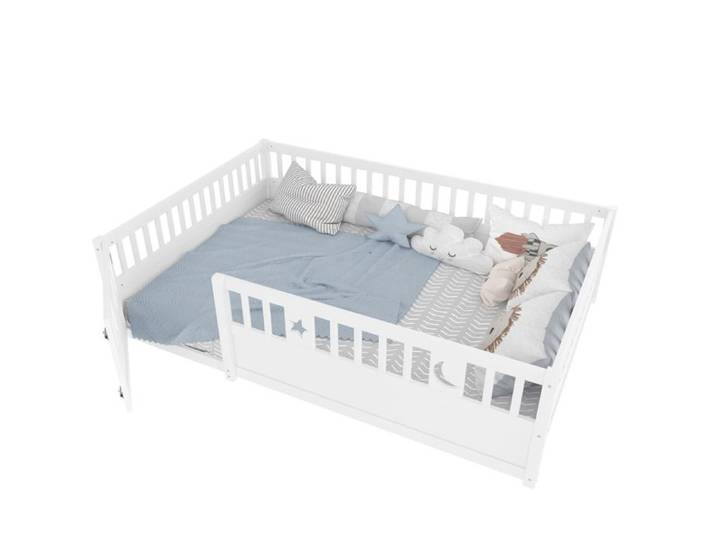 SENVIRO lit enfant 140 x 190 cm en pin et contreplaque avec barriers de securite porte verrouillable decor etoile et lune blanc