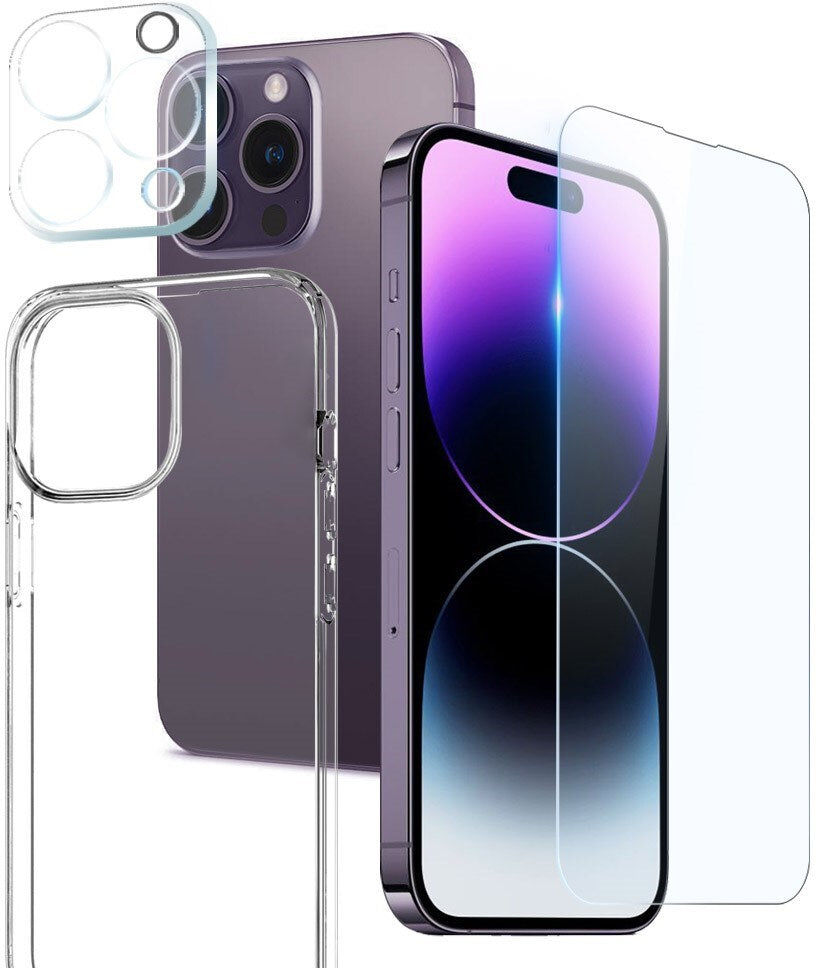 iPhone 14 Pro NORTHJO 360° Protection Set inkl. Cover & Skærmbeskyttelse & Kameralinsebeskyttelse - Gennemsigtig