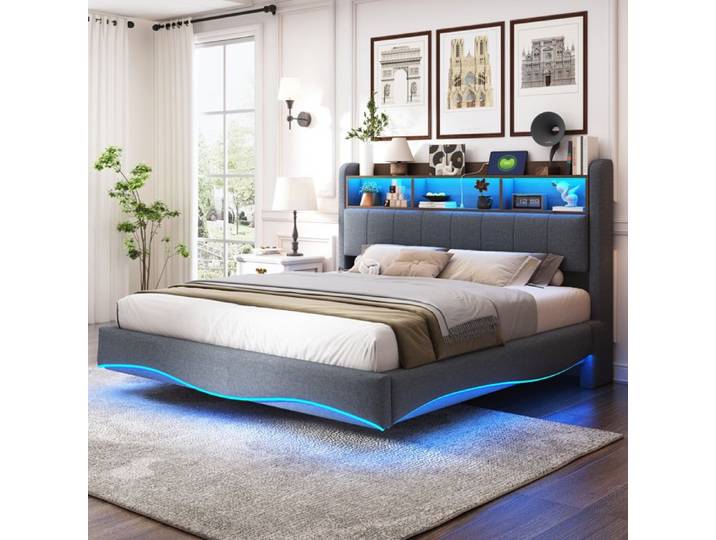 Lit rembourré Design suspendu 160 * 200 Lin lit de rangement multifonctionnel avec lumière LED interface USB et type - C gris