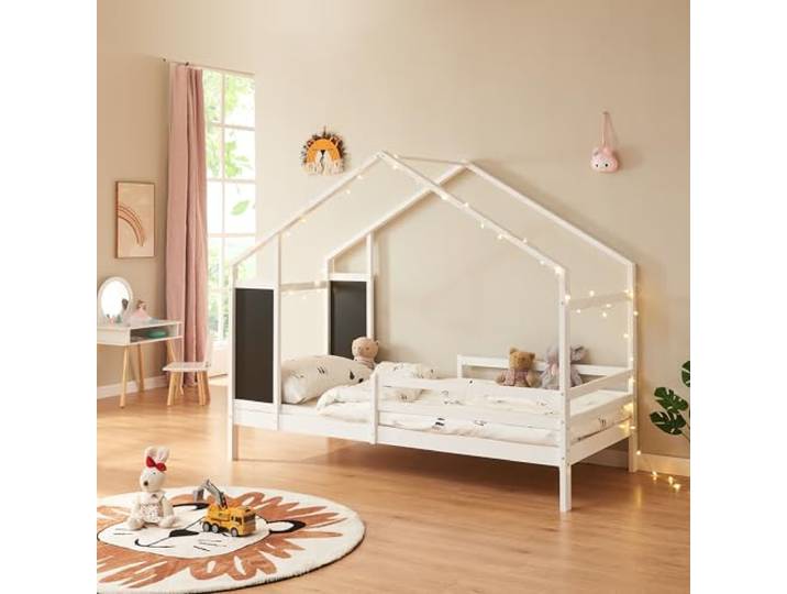 [en.casa] Kinderbett Lorenskog 90 x 200 cm Weiß Hausbett Jugendbett in Hausoptik Bettenhaus Spielbett mit Rausfallschutz