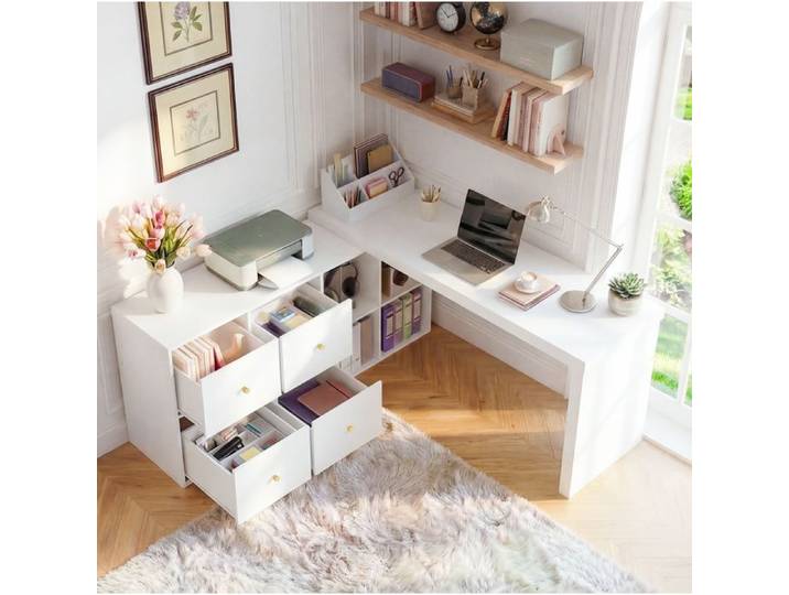 Bureau D Angle MDF Blanc Bureau Rotatif FloraGrace Pour Bureau 4 Tiroirs 4 Niches 120x48x78cm+140x35x74cm