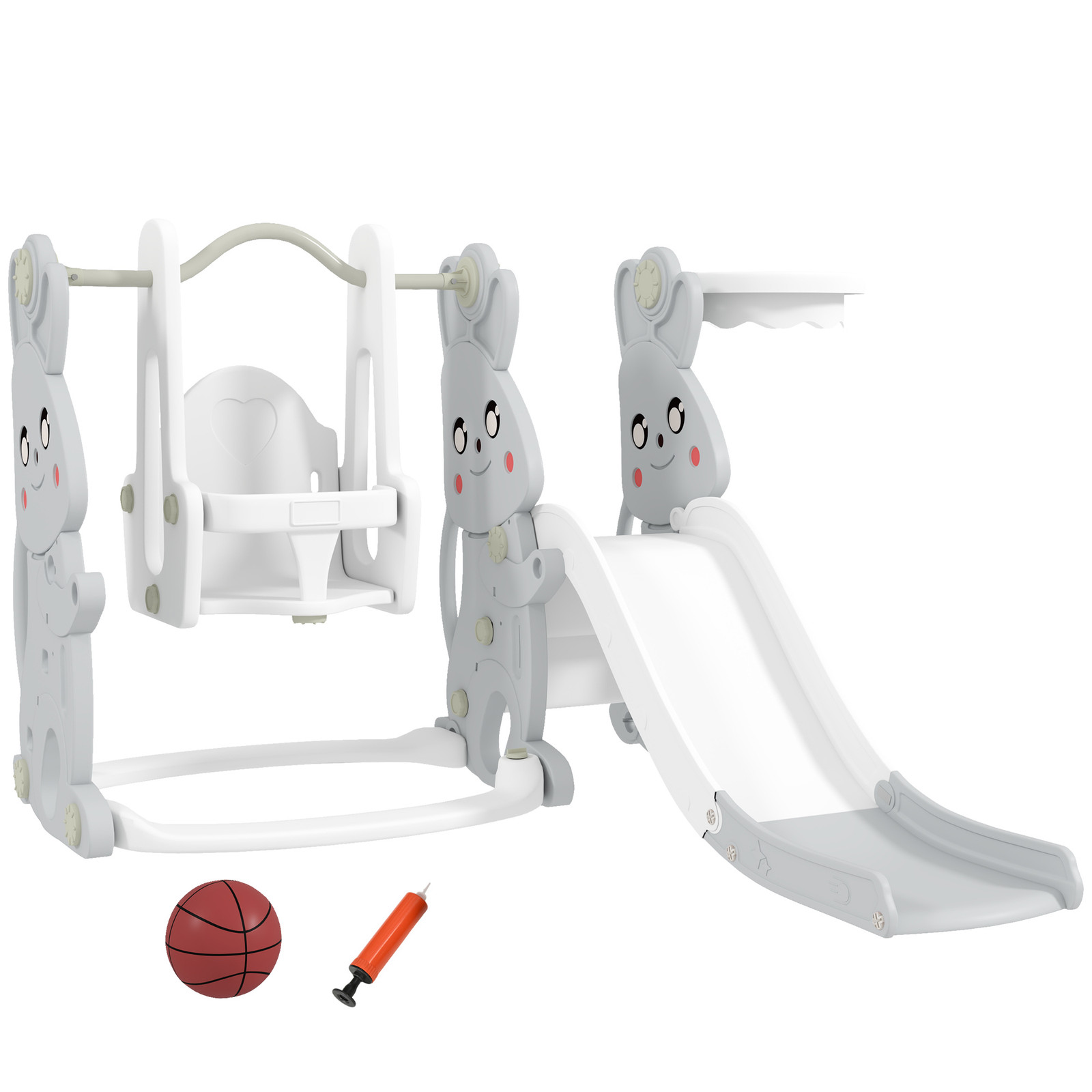 AIYAPLAY 4-in-1 speelset voor peuters met glijbaan, schommel, klimrek en basketbalring in konijnendesign, Grijs
