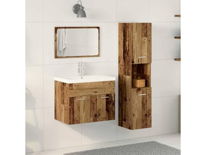 Badezimmermöbel-Set 4 Stk. Braun Holzwerkstoff mit Spiegel und Schrank 4-teiliges Set, Spiegel, Regale, Schrank, Holzwerkstoff, Braun, silberne Metallgriffe, flächenbündige Türen