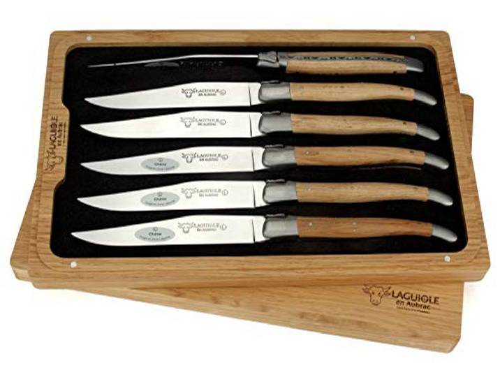 Laguiole en Aubrac Steakmesser - 6er Set - Griff Eichen-Holz - Original Frankreich mit Zertifikat - sechs Tafelmesser