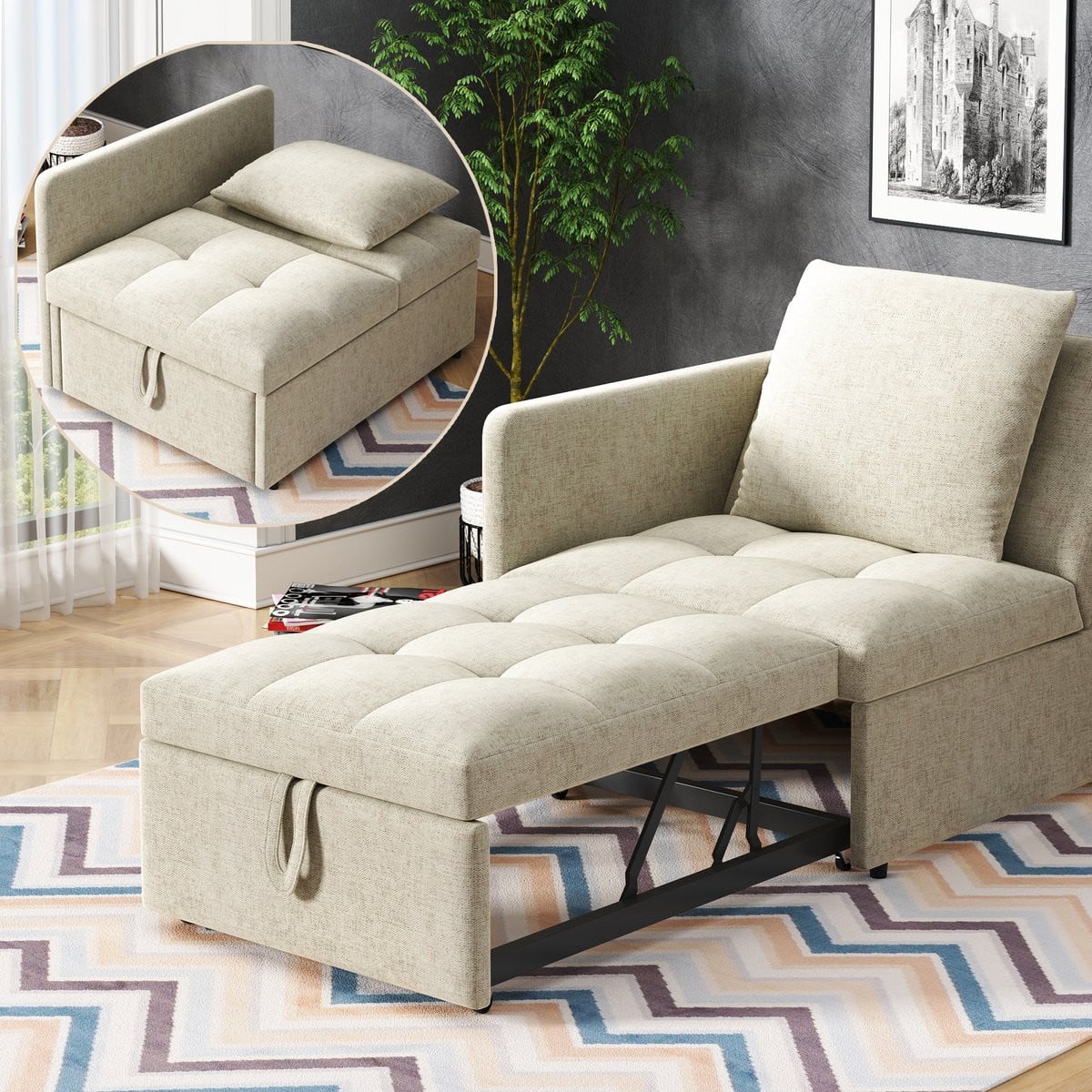 Multifunctionele 3-in-1 linnen slaapbank met verstelbare rugleuning en daybed functie, beige