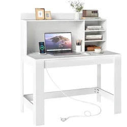 COSTWAY 108x60x125 cm Schreibtisch mit Ladestation, Steckdose, Aufsatz & offenen Fächern, aus Holz, für PC, Weiß