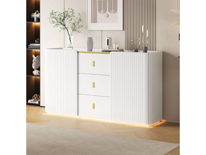 MEUBLIV Buffet bas blanc 150 cm avec 2 portes 3 tiroirs et éclairage LED USB