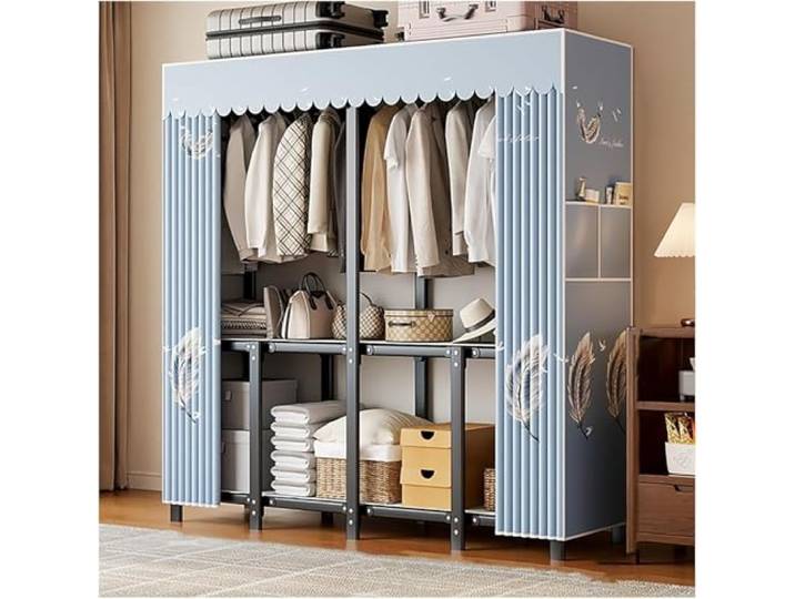 MmcdylyhEU Tragbarer, Faltbarer Kleiderschrank mit Abdeckung, L-Kleiderständer for Aufhängen von Kleidung, stehender Bekleidungs-Organizer for Schlafzimmer(Blue,130cm/51.2inch)