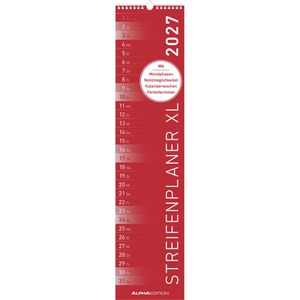 Alpha Streifenkalender 112400, Streifenplaner XL, rot, mit Ferienübersicht, 15 x 64 cm, Jahr 2027
