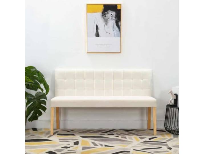 Sitzbank mit Rückenlehne 140 cm Creme Samt gepolstert Kautschukbaumholz Stepp-Design, weicher Samt, dicke Polsterung, stabiler Stand, einfache Montage
