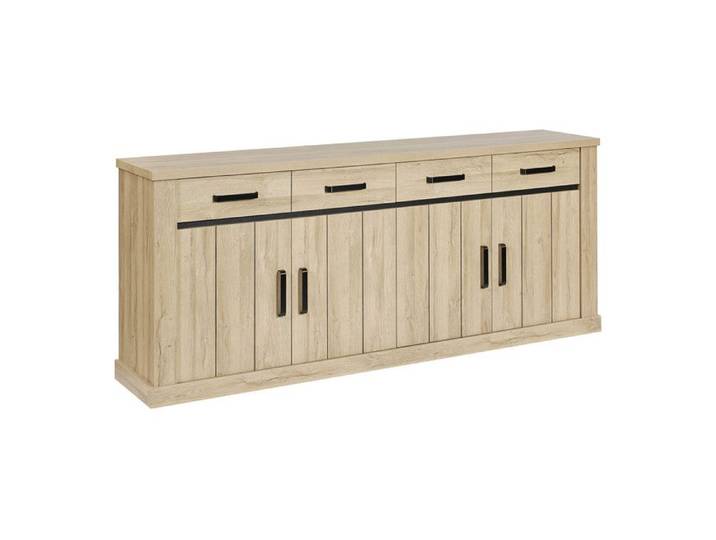 LORENZO - Buffet 4 Portes 4 Tiroirs Aspect Bois Chêne Clair Finition Frank