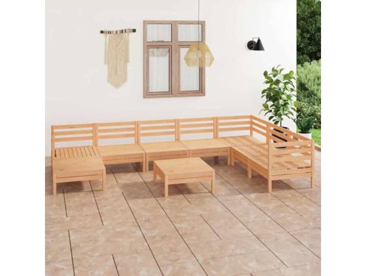 WDGJJFECNMUEHI Bois de pin massif Design Palette Rustique 9 Pieces brun Salon de jardin 9 pieces Bois de pin massif exterieur ensemble canape modulable avec repose-pieds terrasse bistrot