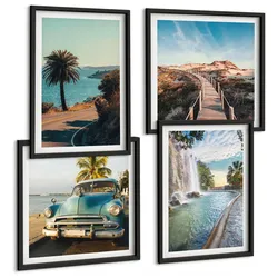 BILDER SET 4er Set - 50x50 cm & 40x60 cm Schwarzer Rahmen - Urlaub Palmen Wasserfall