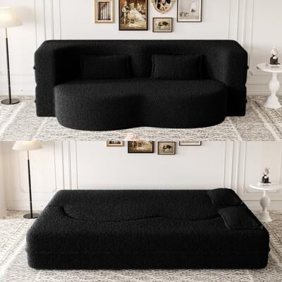 Modern Convertible Teddy Fabric Foam-Filled Sleeper Sofa Bed with 2 Pillows