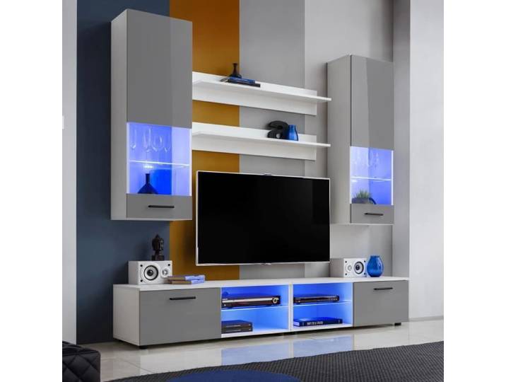 Meuble TV Mural Vida Extreme Furniture - LED bleues - Gris Brillant & Blanc - Façades en Brillant - L200cmxH195cmxP45cm