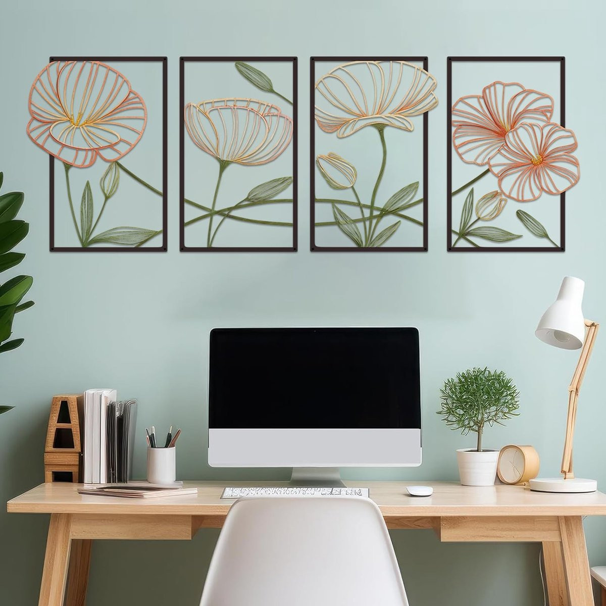 Omgoods - 4-delige Metalen Lotus Wanddecoratie - Minimalistische Bloemen Sculptuur