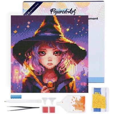 FiguredArt DP-SFA168-Y - Mini Diamond Painting, Bezaubernde Kleine Hexe, Leinwand-Keilrahmen (25x25cm), DIY Bastelset
