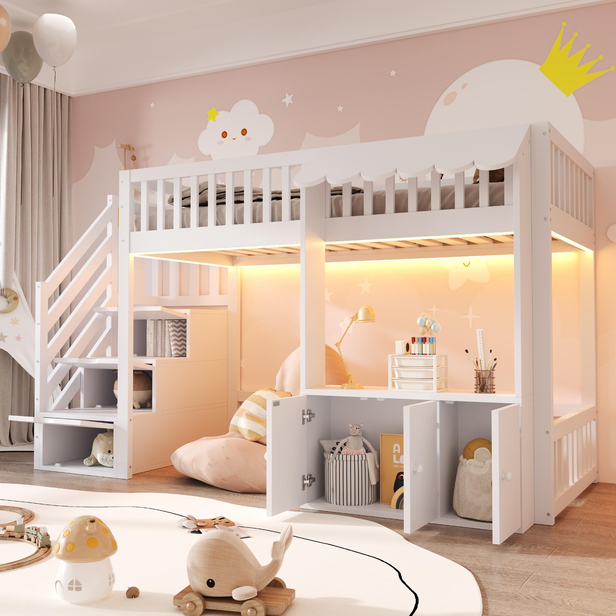 Merax Etagenbett Hochbett 90x200cm mit Stauraumschrank, Kinderbett mit LED-Lichtleiste und Stauraumtreppe, Holzbett mit Sicherheitsgeländer, Weiß